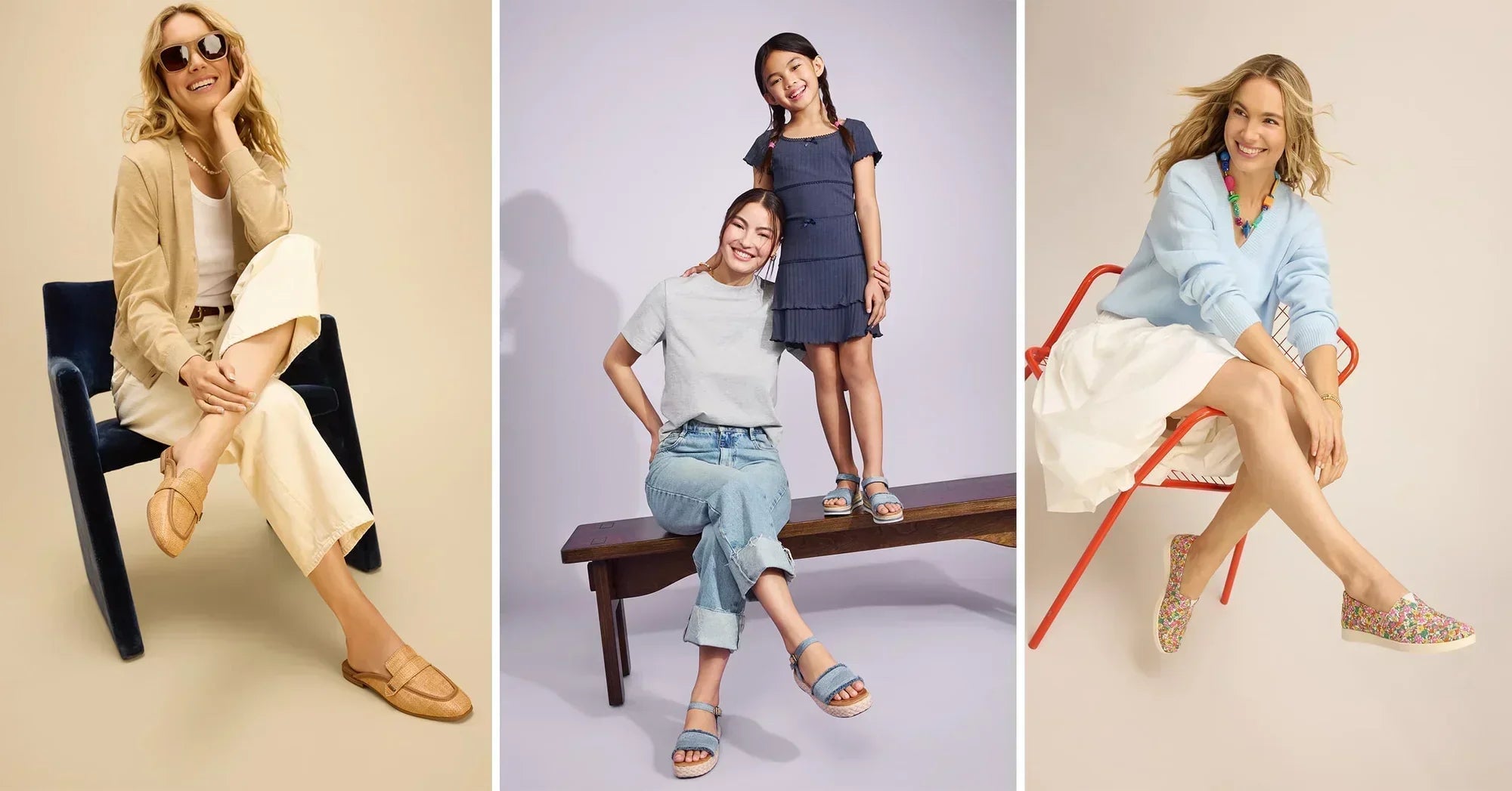 Models wearing the Lynette Mule, Diana Sandal, and Alpargata Plus shown.