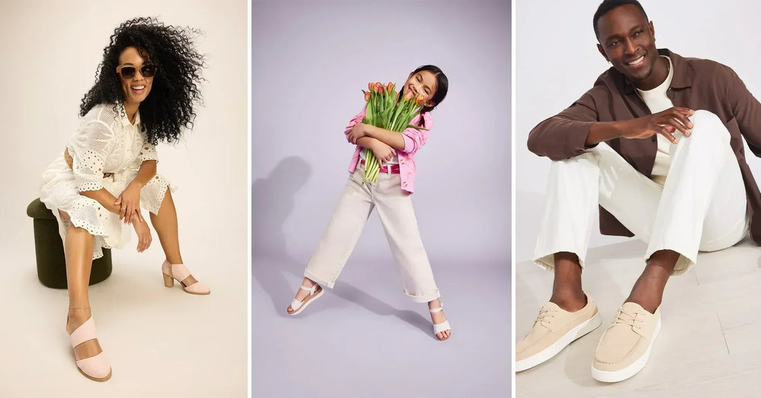 Models wearing the Milan Closed Toe Heel, Diana Wedge Sandal and TRVL LITE London Loafer shown.