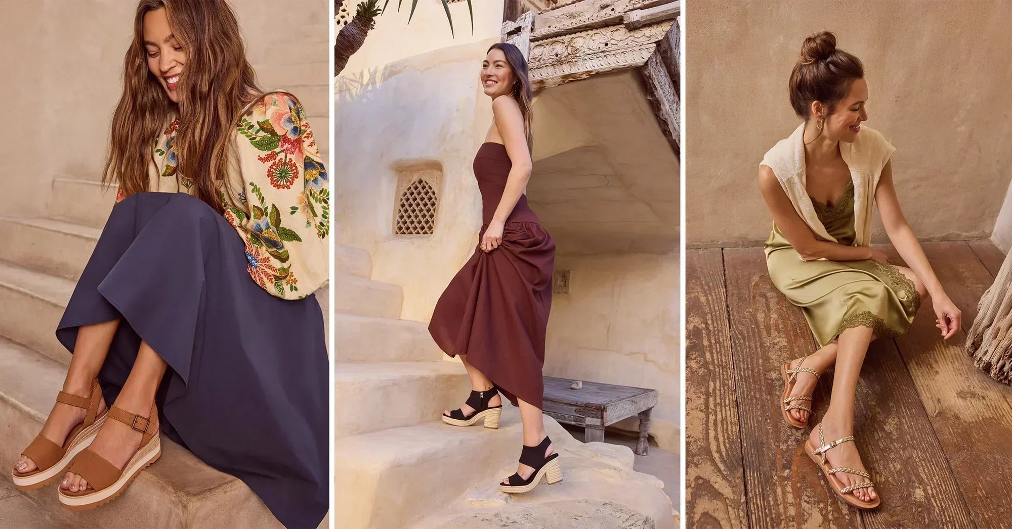 Models wearing the Diana Wedge, Majorca Cork Platform and Kira Sandal shown.