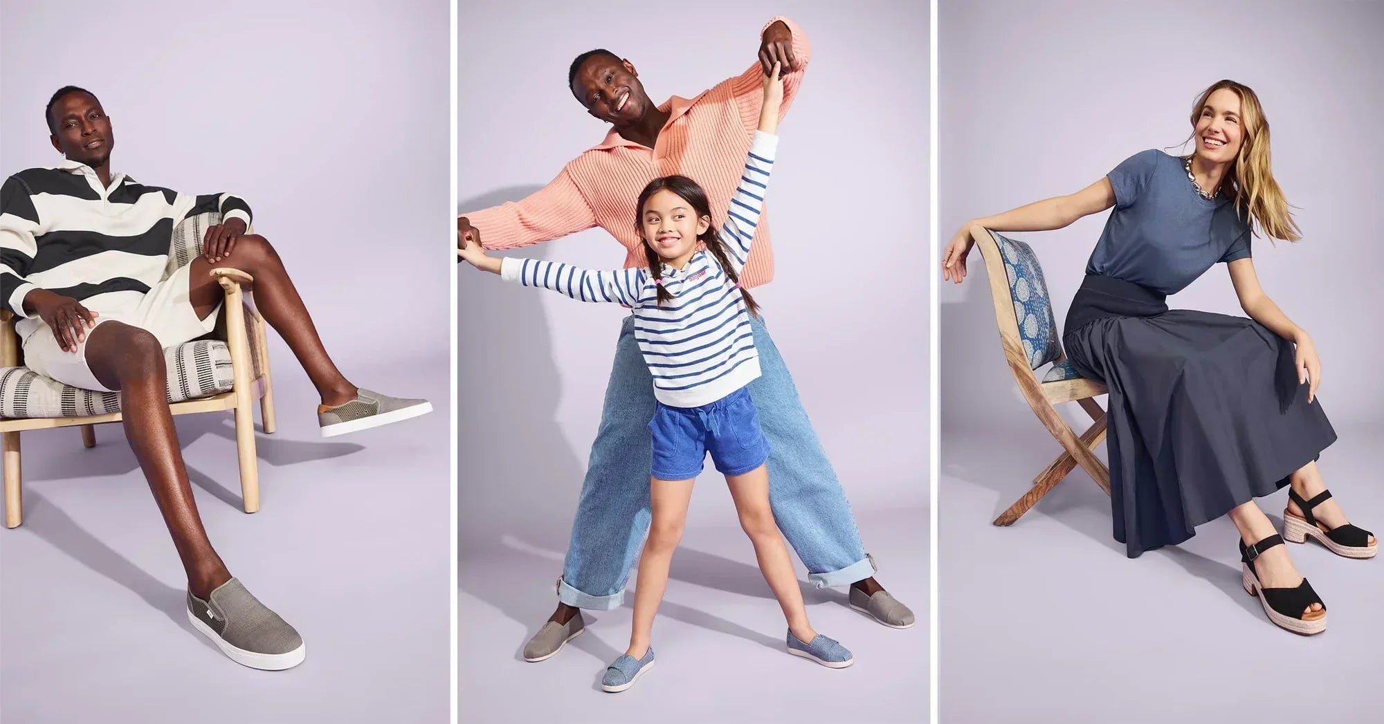 Models wearing the Baja 2.0 Slip On Sneaker, Alpargatas, and Isla Peep Toe Heeled Sandal shown.