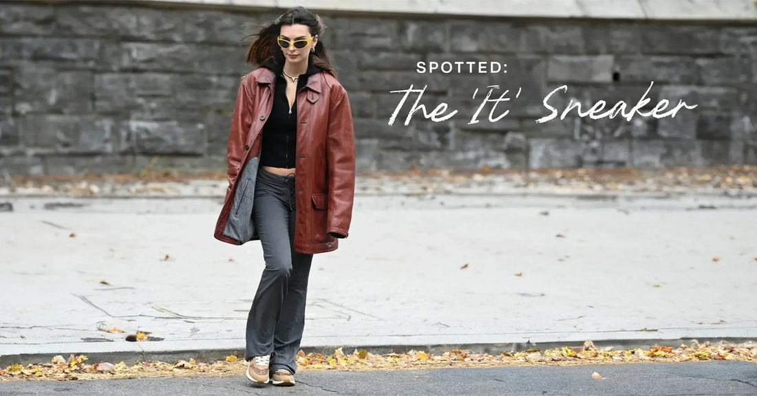 Emily Ratajkowski wearing the TRVL LITE Retro Runner Sneaker in Tan Mini Cheetah shown.