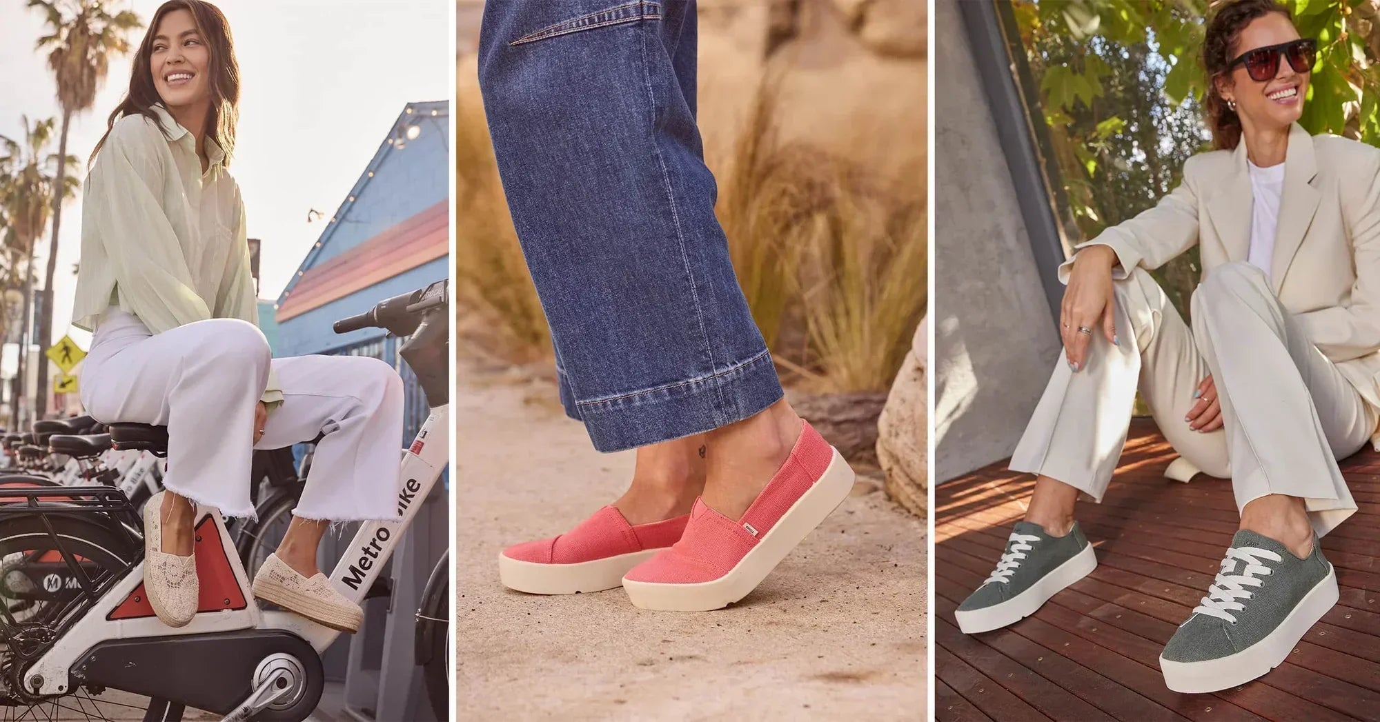Models wearing the Valencia Platform Espadrille and Verona Slip On and Lace-Up Sneakers shown.