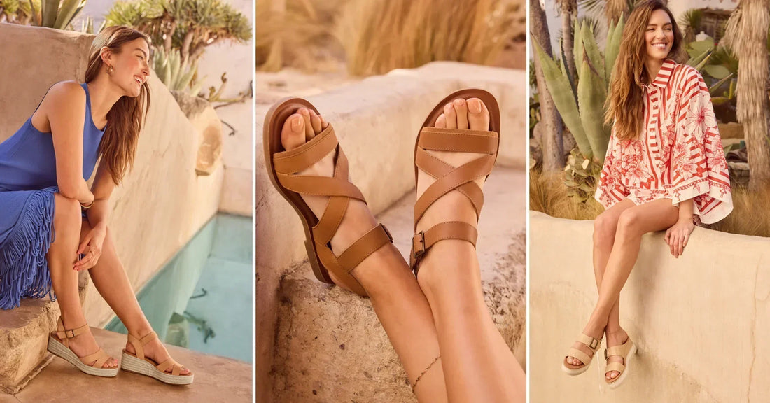 The Audrey Wedge Sandal in suede honey, Sloane Strappy Sandal in strappy tan and Diana Mule Buckle Wedge Sandal in almond raffia shown.