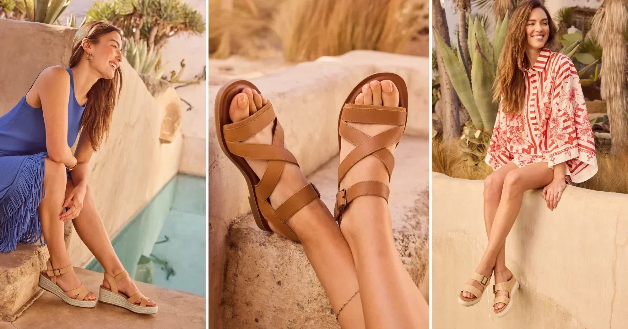 The Audrey Wedge Sandal in suede honey, Sloane Strappy Sandal in strappy tan and Diana Mule Buckle Wedge Sandal in almond raffia shown.