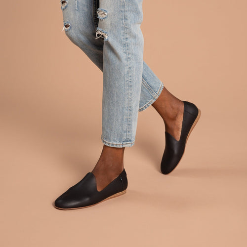 Darcy Black Leather Loafer On Model Up Close