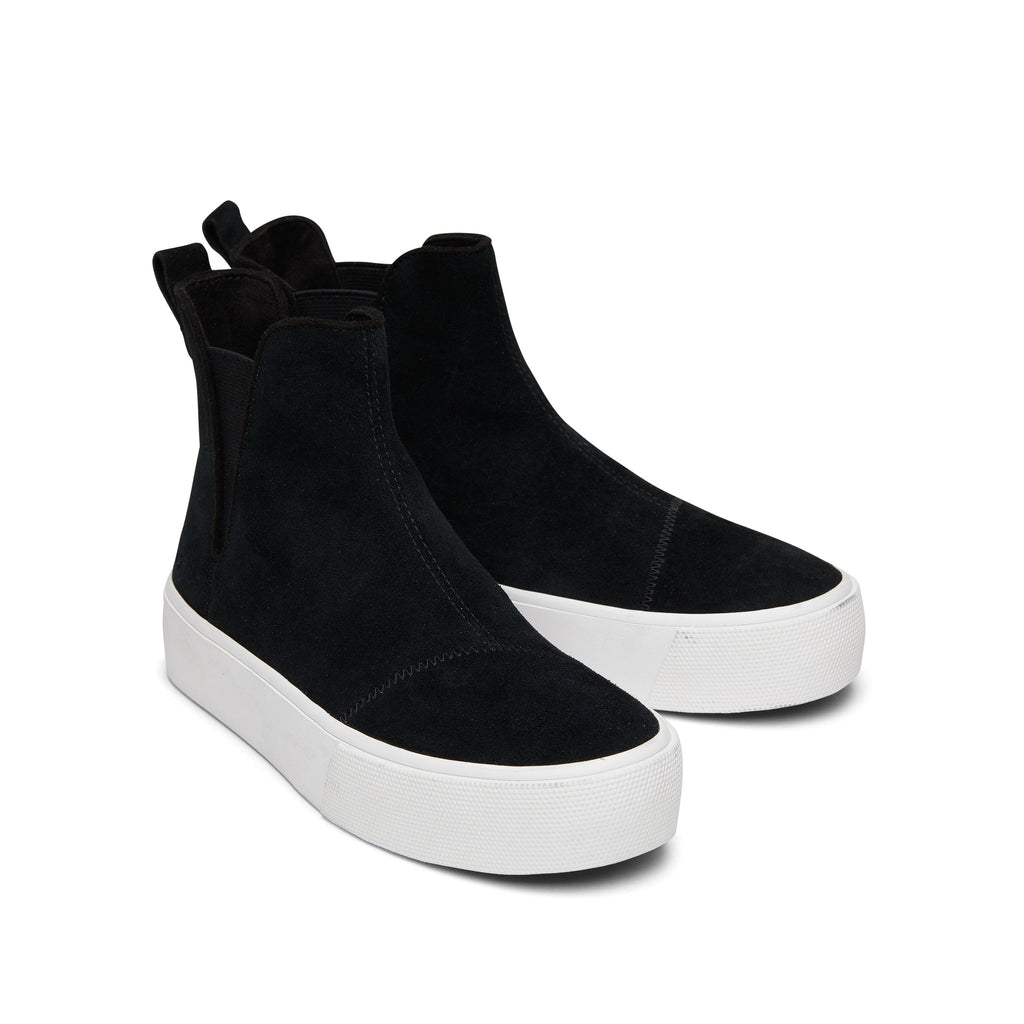 Fenix Platform Chelsea Black Suede Sneaker Front View