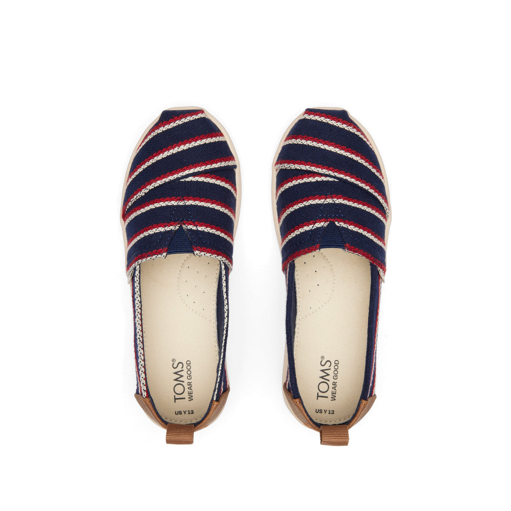 Youth Alpargata Navy Woven Stripes Kids Shoe Top View