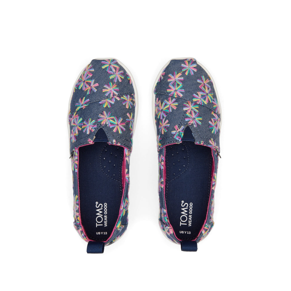 Youth Alpargata Navy Embroidered Floral Kids Shoe Top View