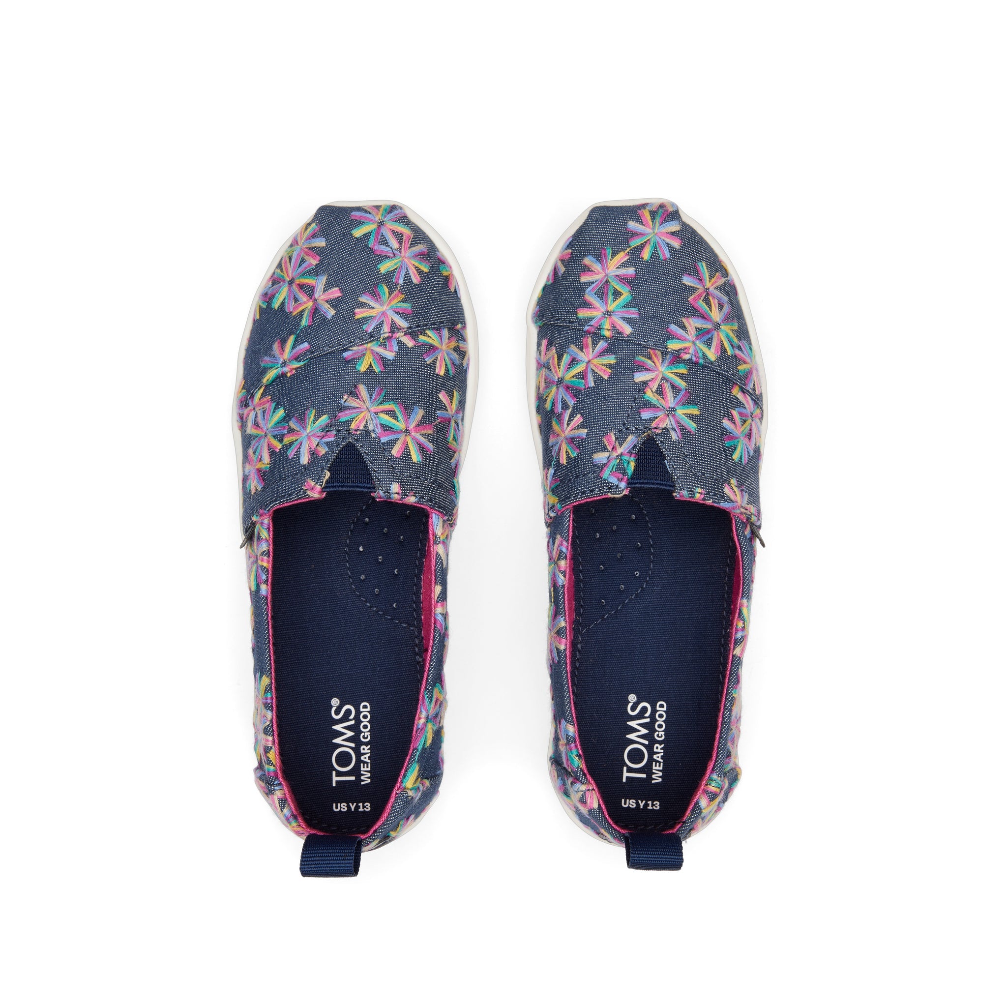 Youth Alpargata Navy Embroidered Floral Kids Shoe Top View
