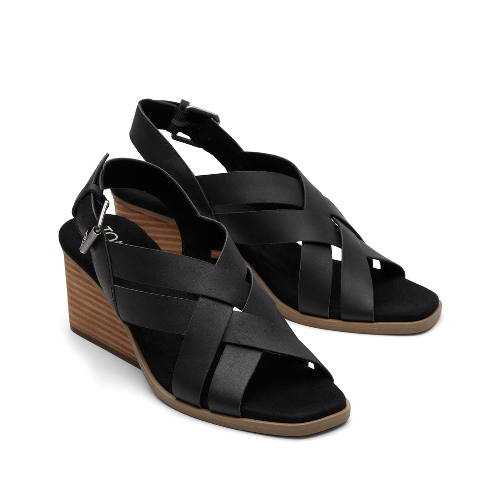 Gracie Black Leather Wedge Sandal Front View