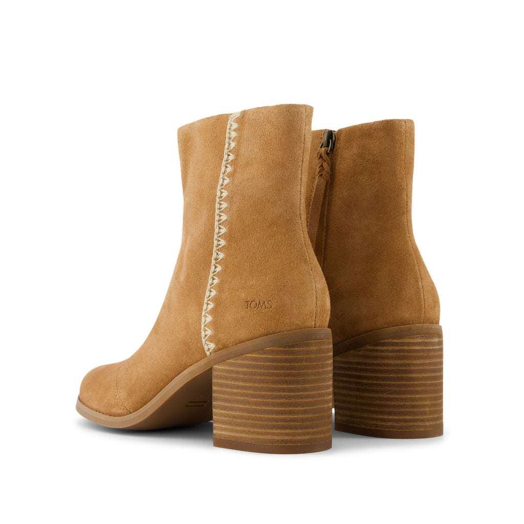 Evelyn Heeled Boot - Brown Suede Deco Stitch Back View