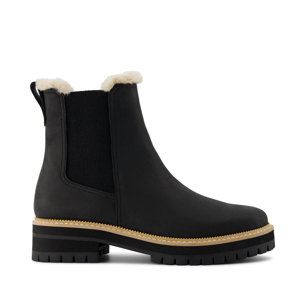 Bennet Boot - Water Resistant Black Leather Faux Fur Side View