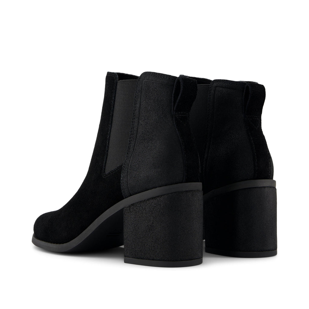 Evelyn Chelsea Heeled Boot - Black Metallic Suede Back View