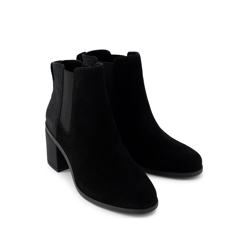 Evelyn Chelsea Heeled Boot - Black Metallic Suede Front View