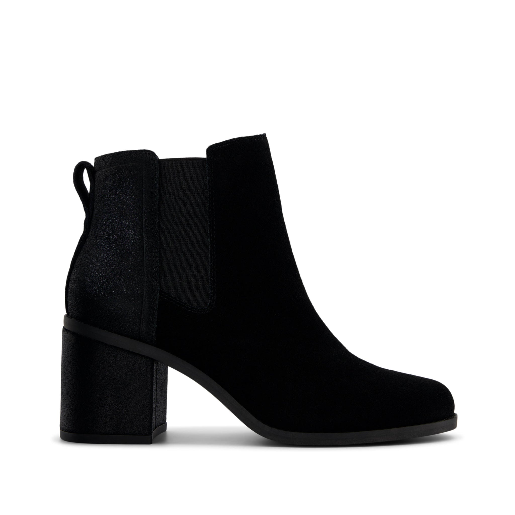 Evelyn Chelsea Heeled Boot - Black Metallic Suede Side View
