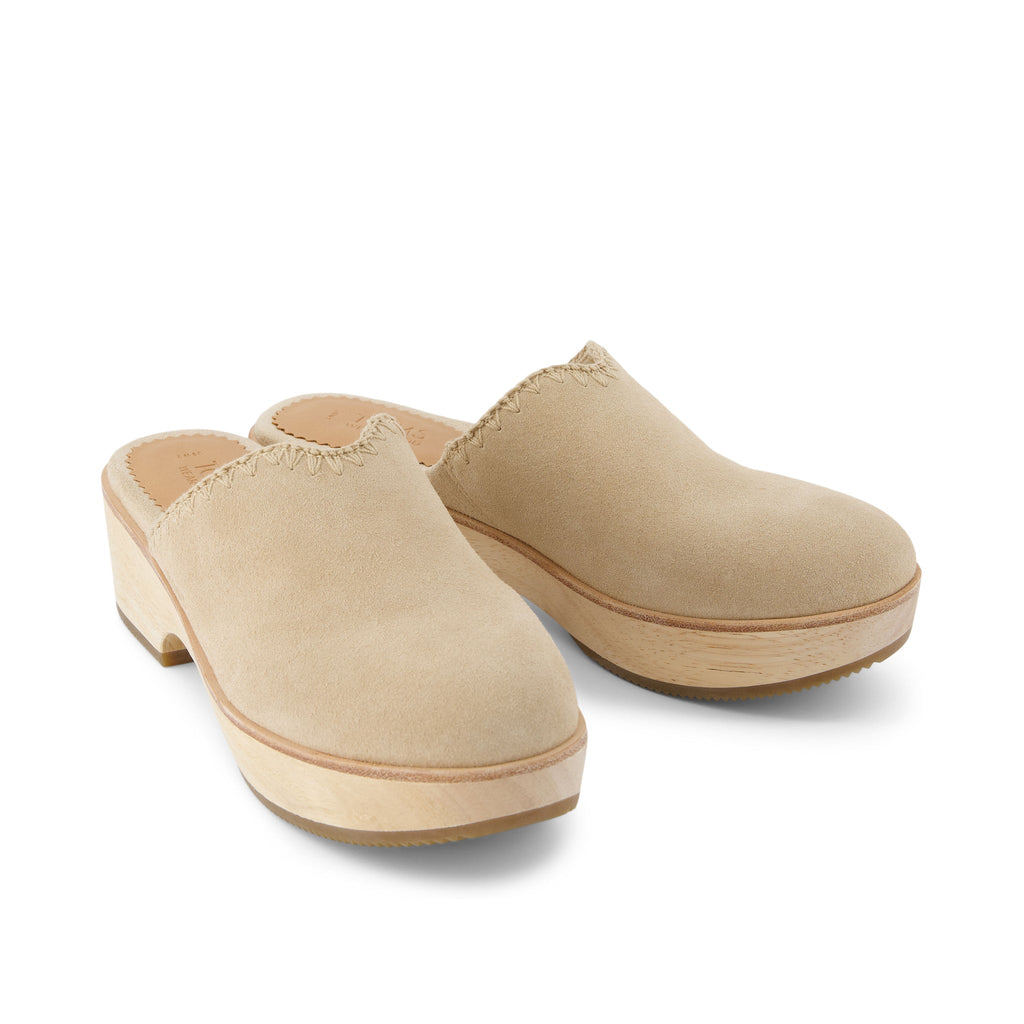 Addison Natural Suede Deco Stitch Clog Heel Front View