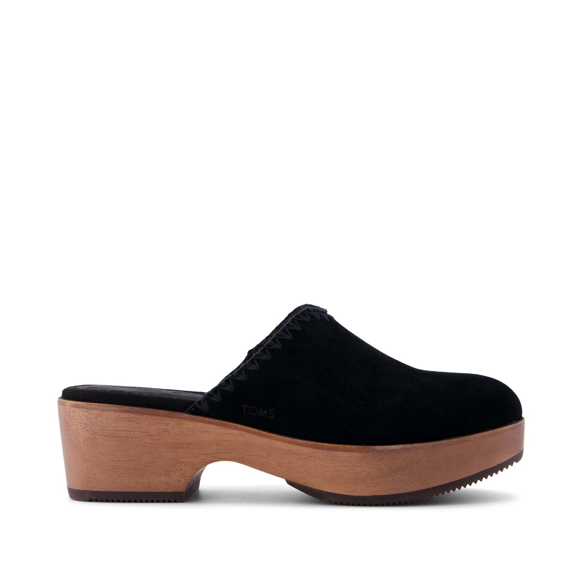 Addison Black Suede Deco Stitch Clog Heel Side View