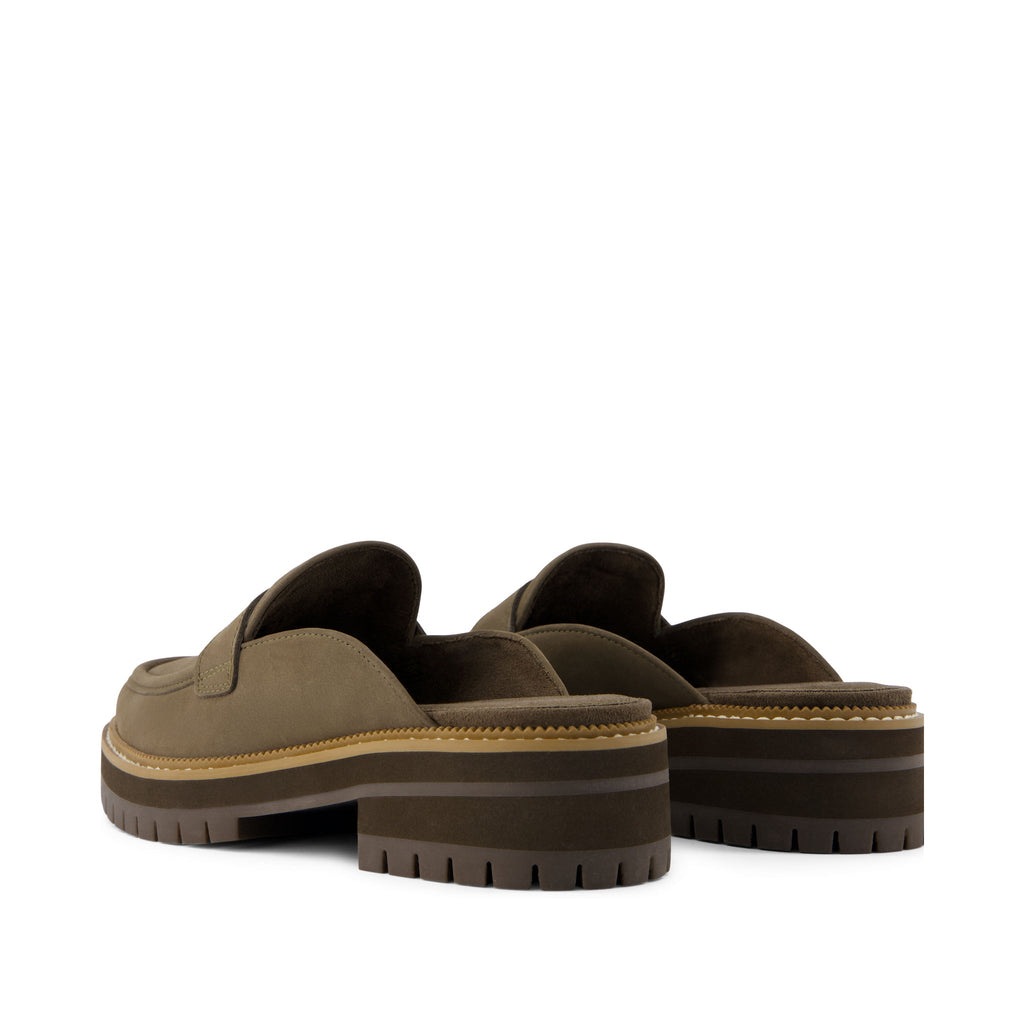 Cara Mule Olive Leather Loafer Back View