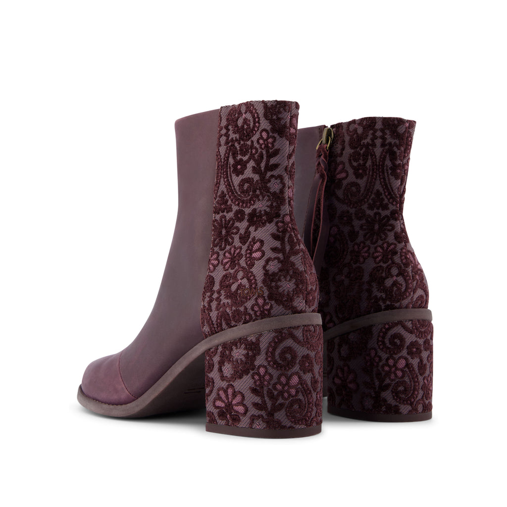 Evelyn Heeled Boot - Blackberry Leather Brocade Back View