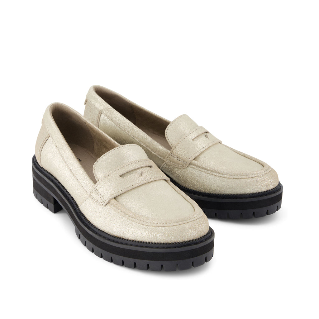 Cara Champagne Metallic Suede Loafer Front View