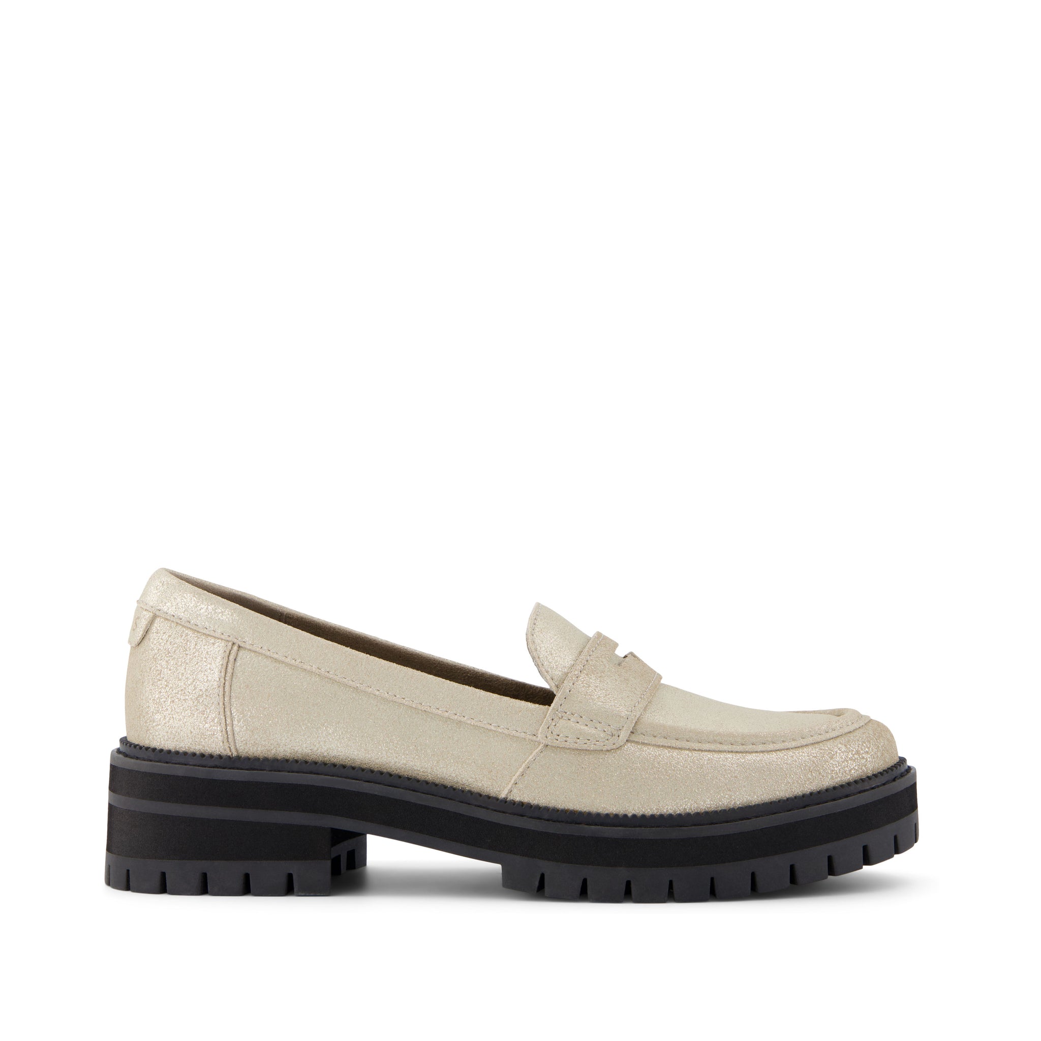 Cara Champagne Metallic Suede Loafer Side View