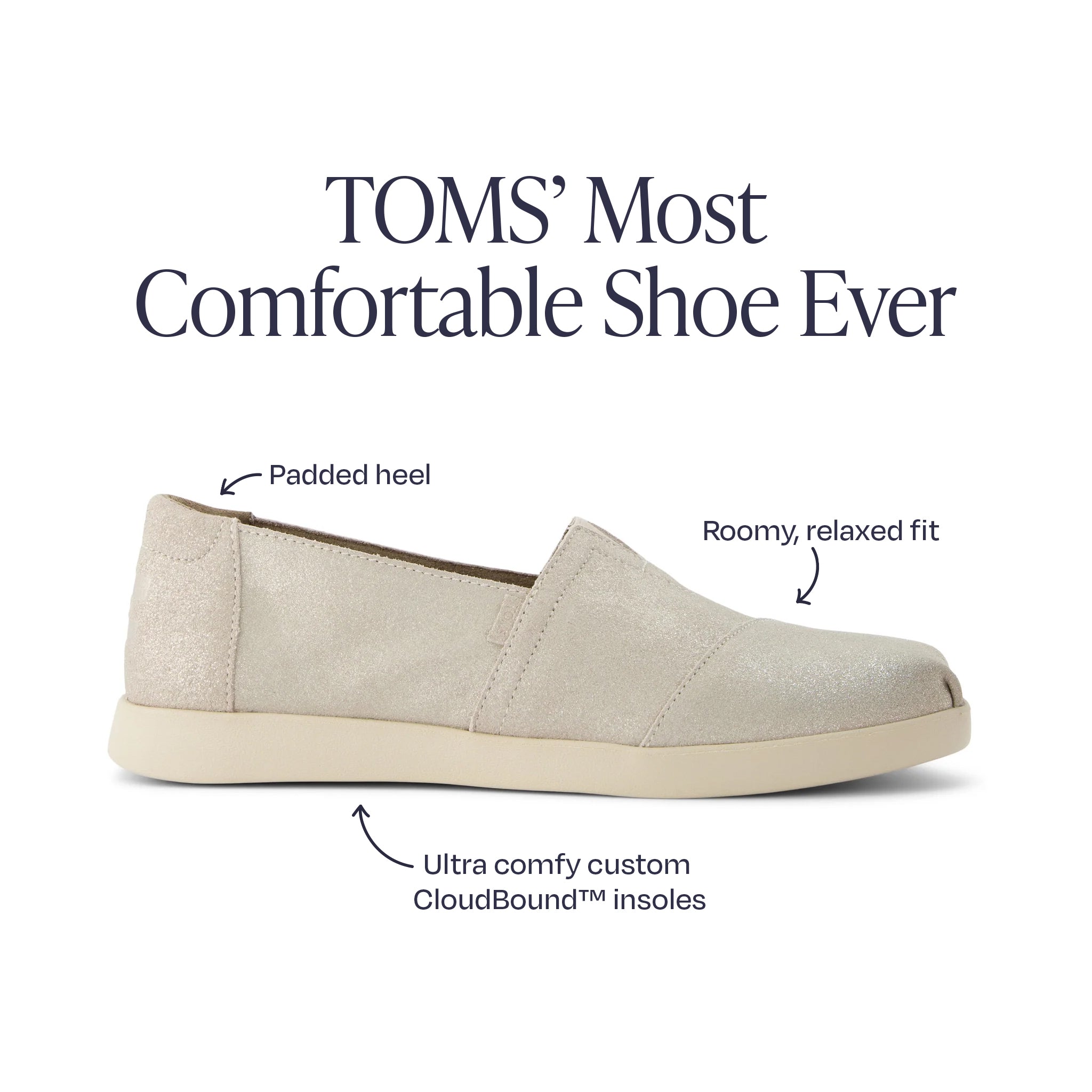 toms alpargata plus in metallic champagne features and benefits information