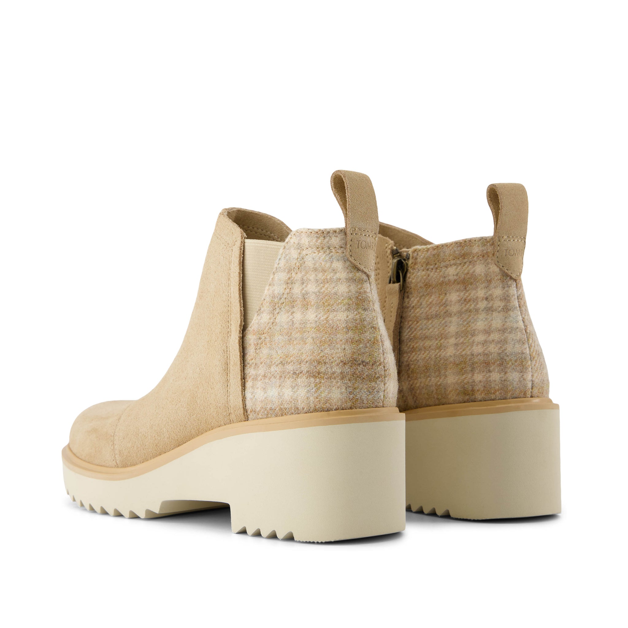Maude Wedge Boot - Natural Suede Cozy Plaid Back View