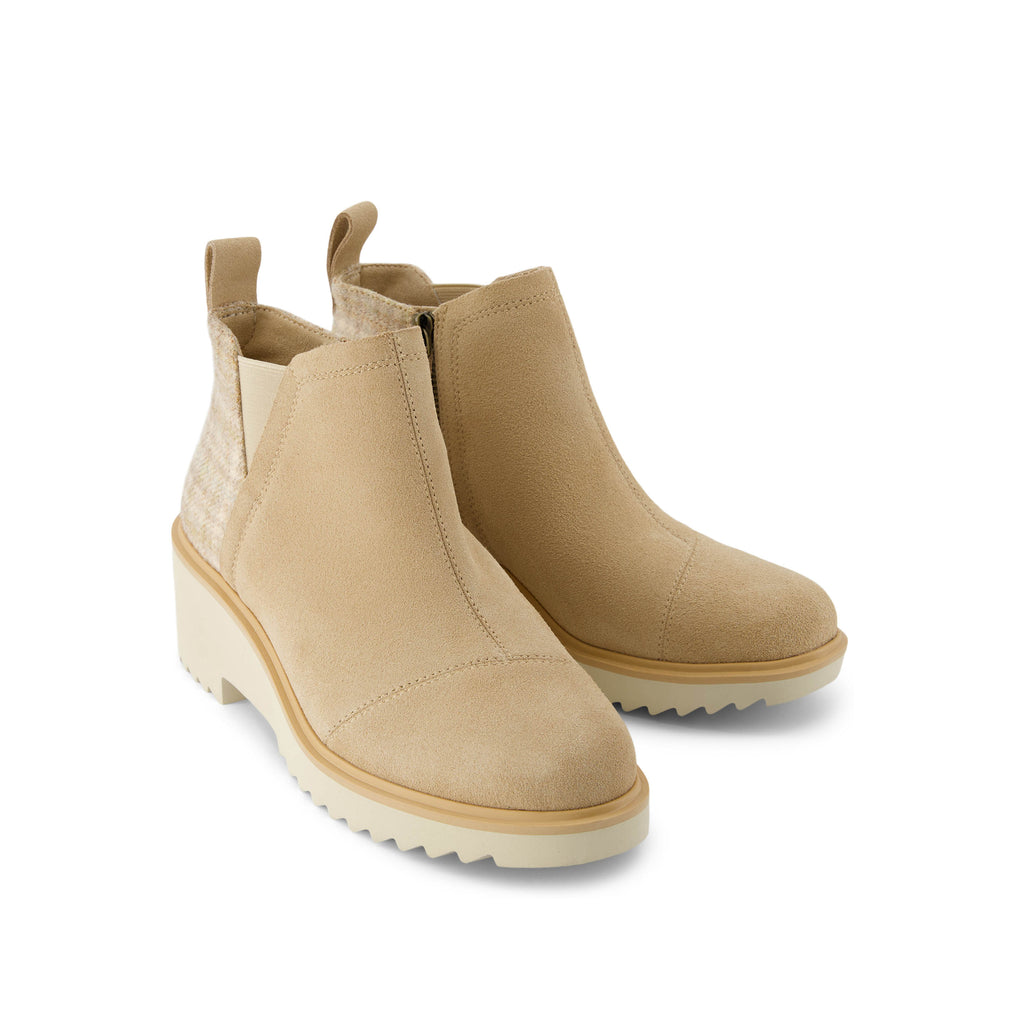 Maude Wedge Boot - Natural Suede Cozy Plaid Front View