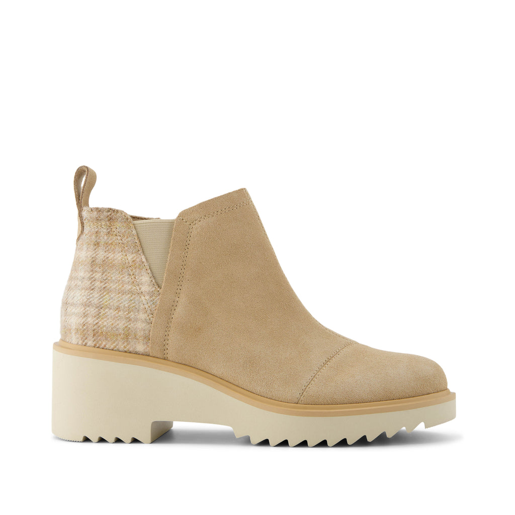 Maude Wedge Boot - Natural Suede Cozy Plaid Side View