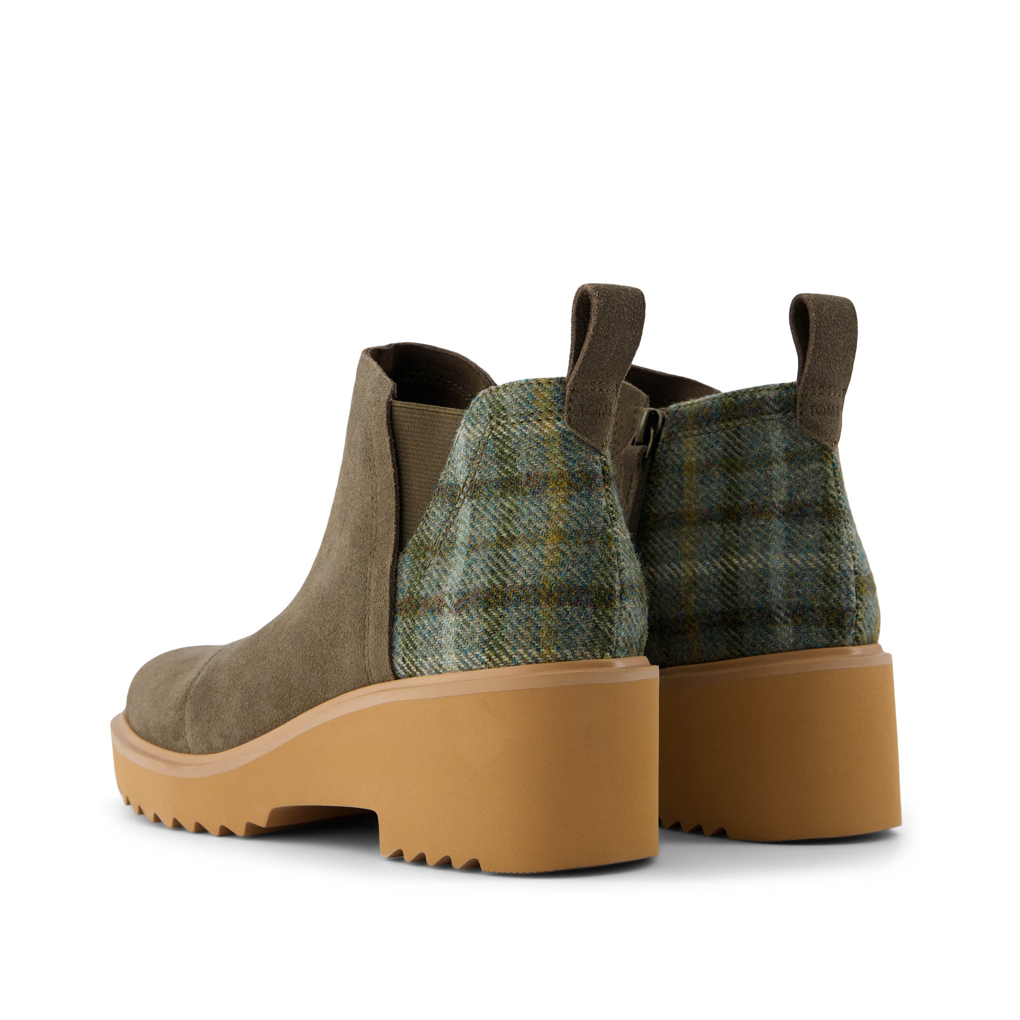 Maude Wedge Boot - Canteen Suede Cozy Plaid Back View