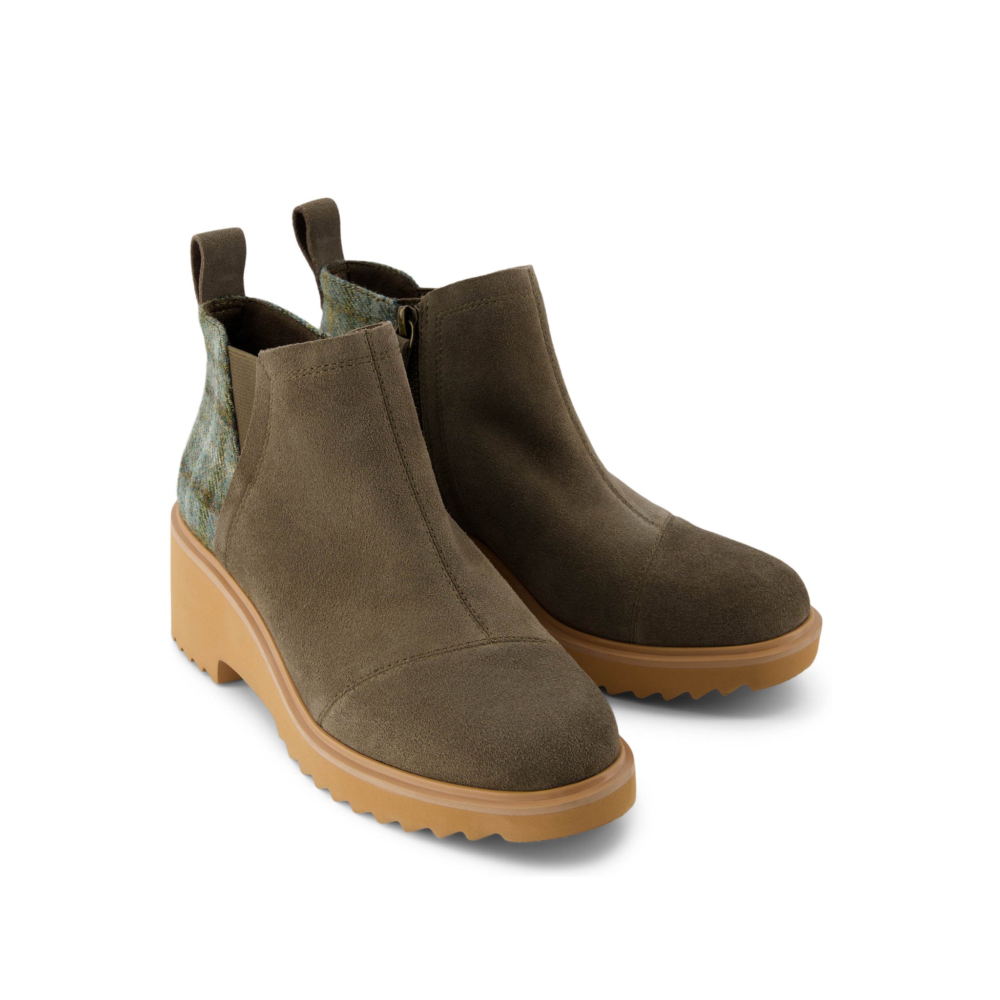 Maude Wedge Boot - Canteen Suede Cozy Plaid Front View