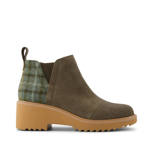 Maude Wedge Boot - Canteen Suede Cozy Plaid Side View