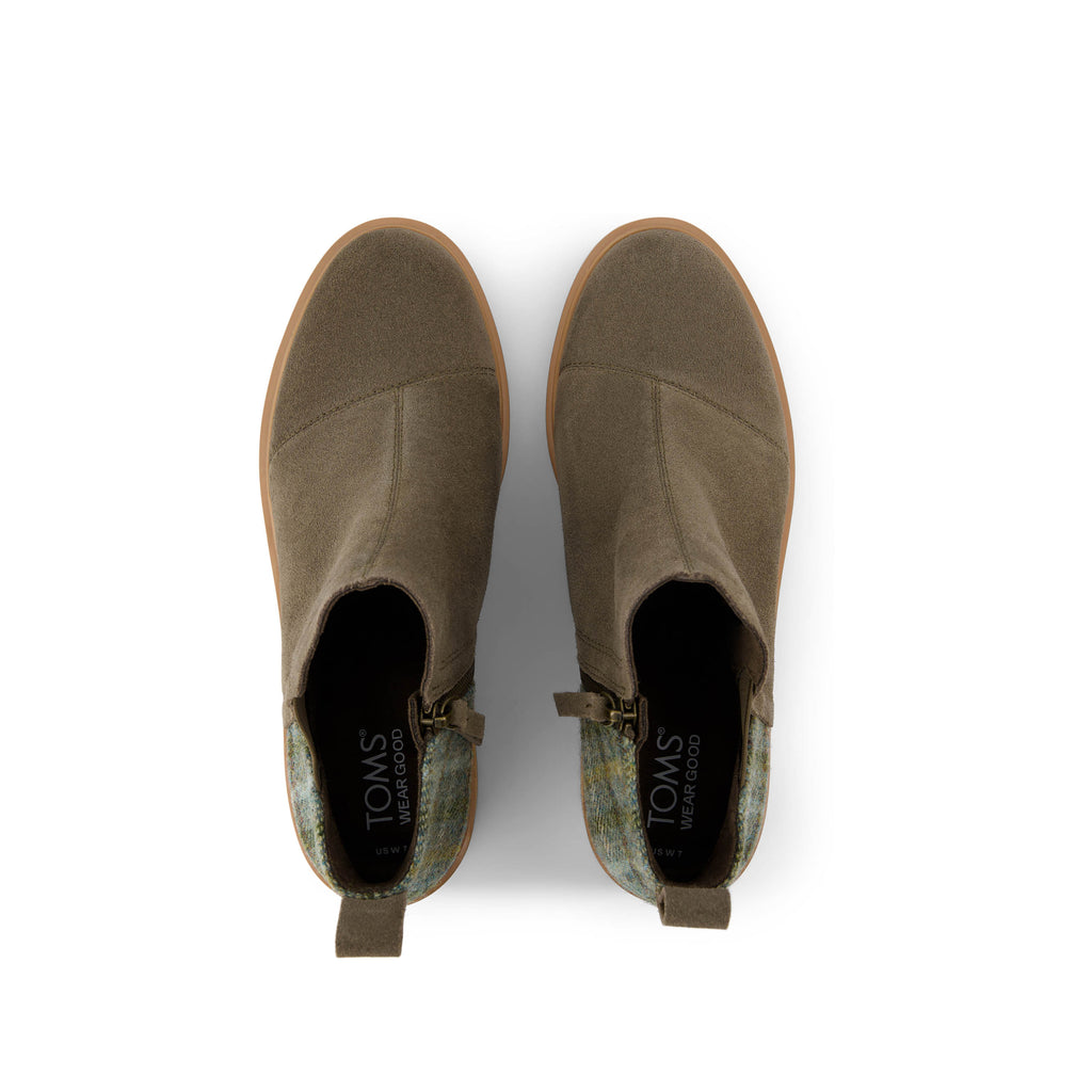 Maude Wedge Boot - Canteen Suede Cozy Plaid Top View