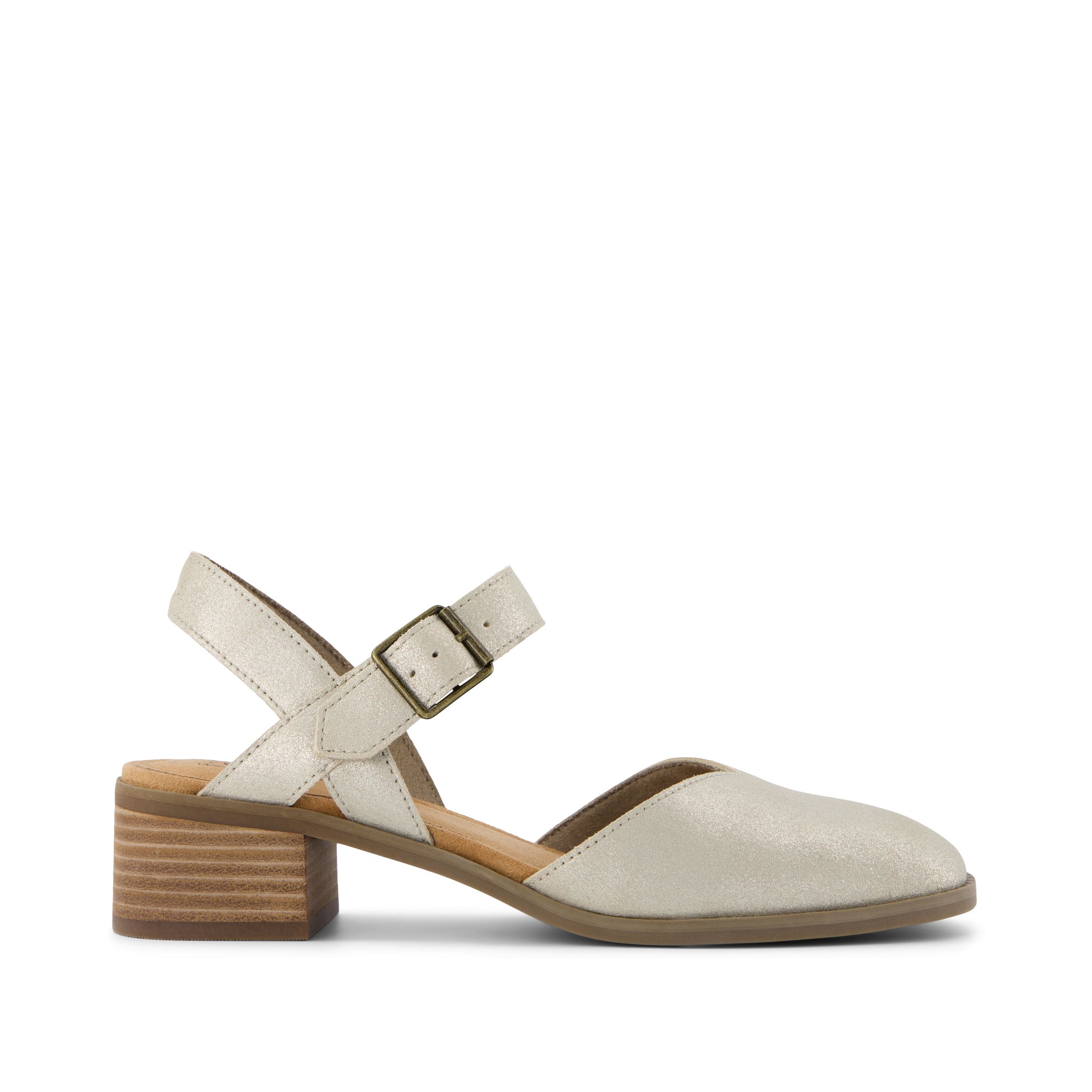 Jaclyn Champagne Metallic Suede Heel Side View