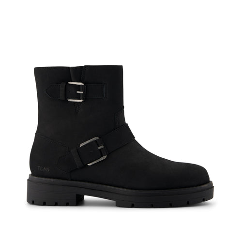Ionie Moto Boot - Black Nubuck Leather Side View