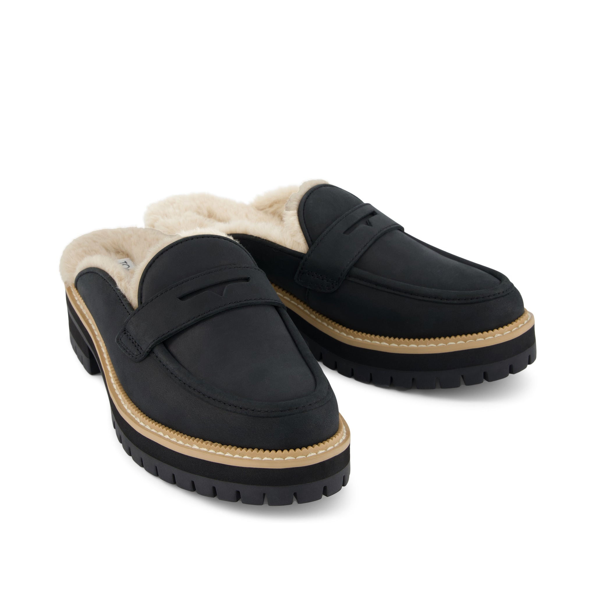 Cara Mule Black Faux Fur Leather Front View