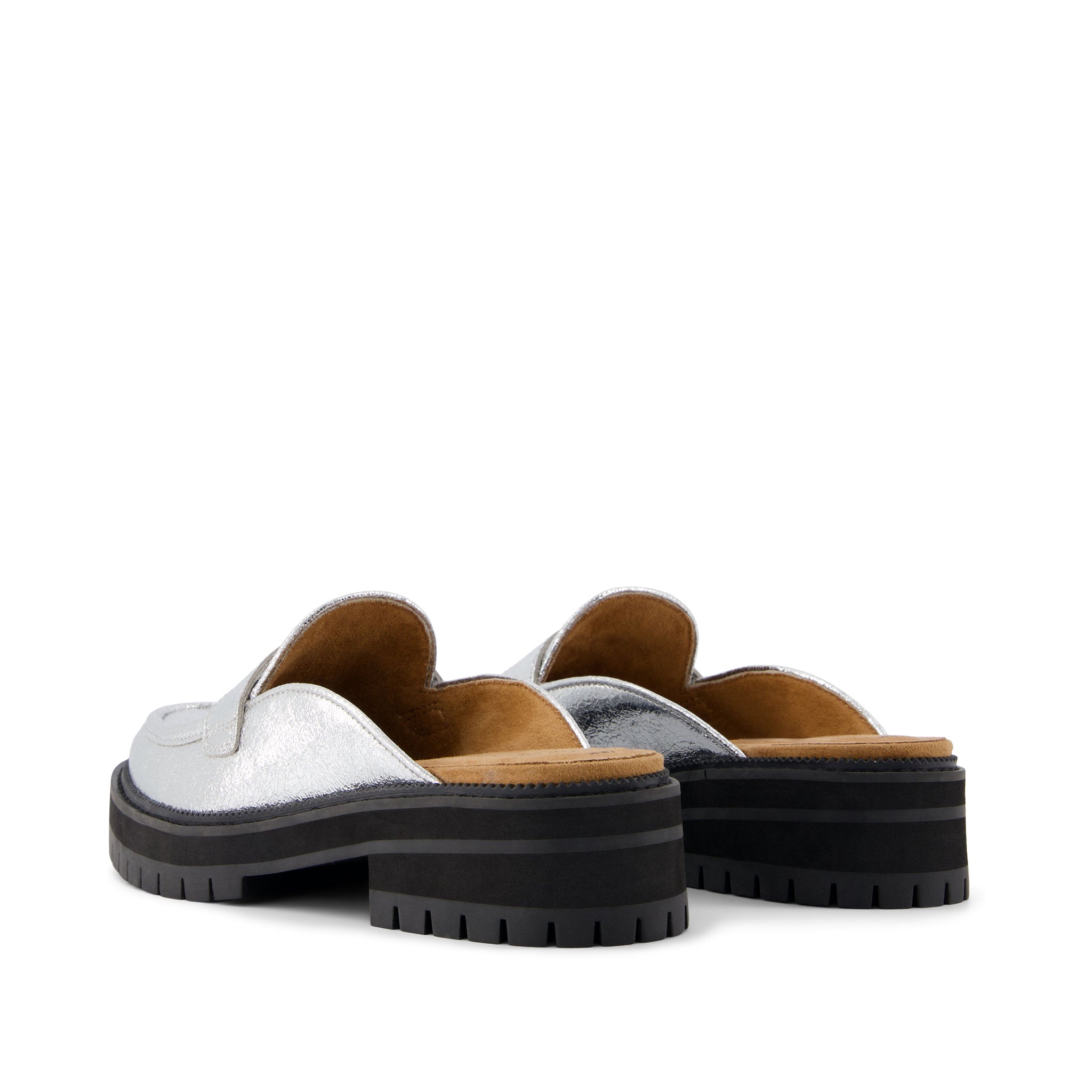 Cara Mule Silver Crinkle Metallic Leather Loafer Back View