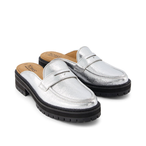 Cara Mule Silver Crinkle Metallic Leather Loafer Front View