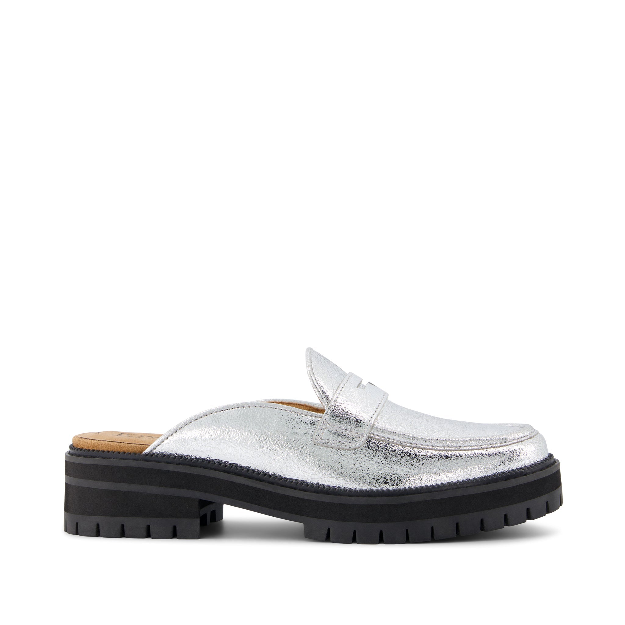 Cara Mule Silver Crinkle Metallic Leather Loafer Side View
