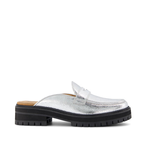 Cara Mule Silver Crinkle Metallic Leather Loafer Side View