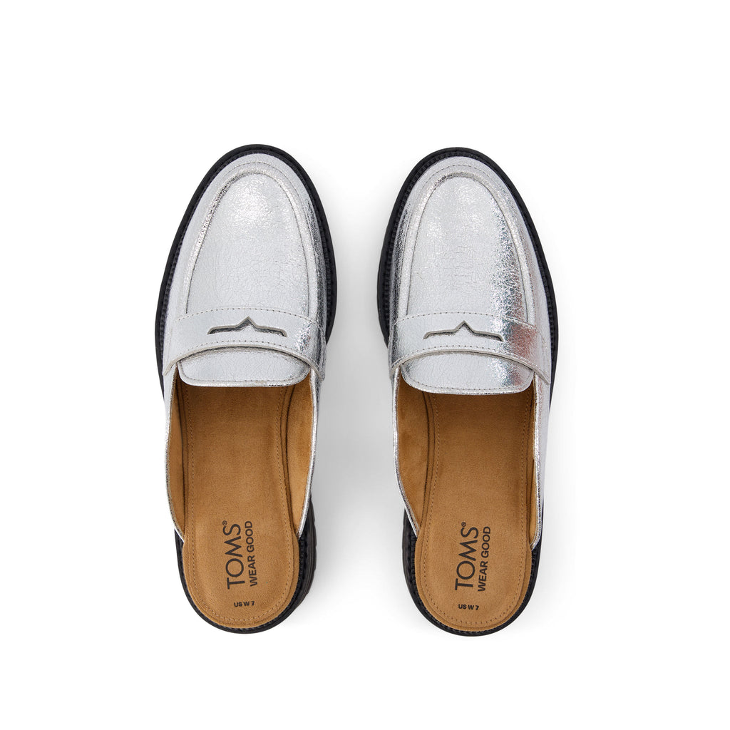 Cara Mule Silver Crinkle Metallic Leather Loafer Top View