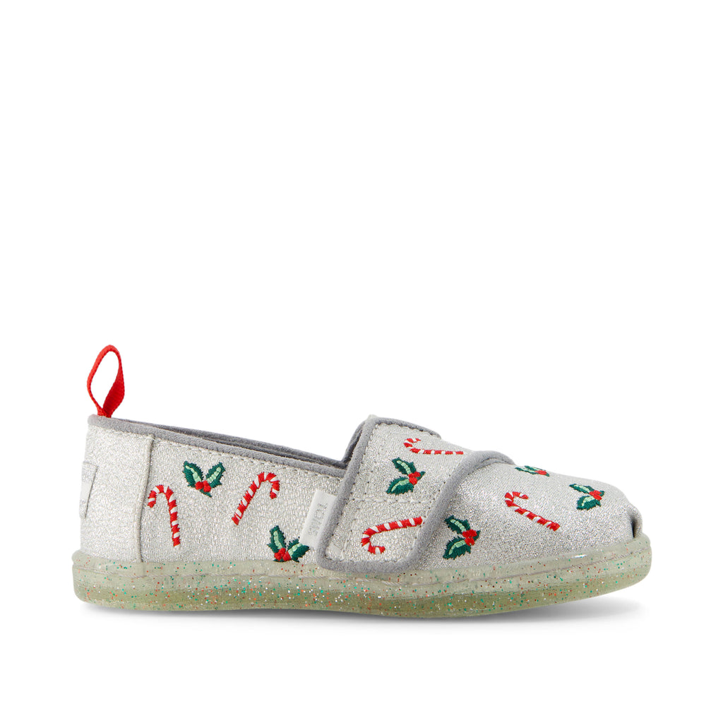 Alpargata Silver Shimmer Embroidered Candy Canes Toddler Shoe