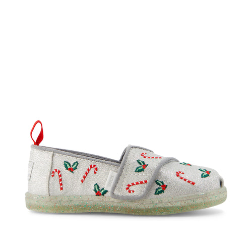 Alpargata Silver Shimmer Embroidered Candy Canes Toddler Shoe