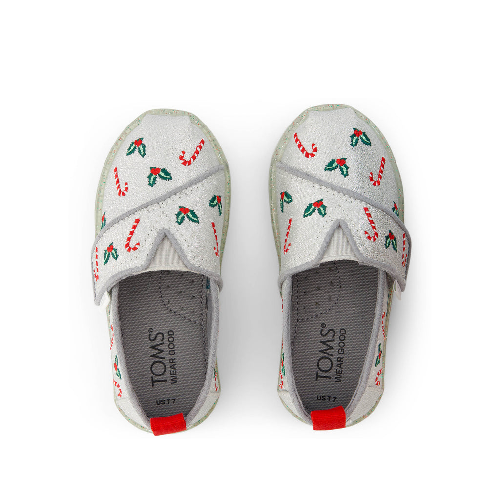 Alpargata Silver Shimmer Embroidered Candy Canes Toddler Shoe