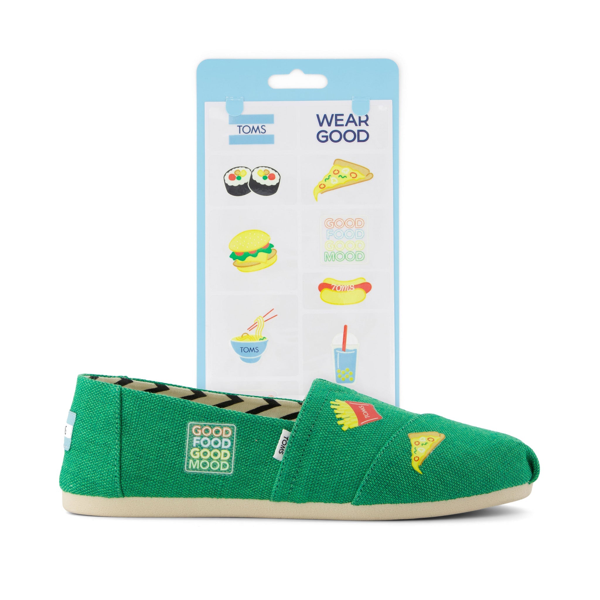 toms shoe tattoos late night snack print shown on green alpargata detail shot