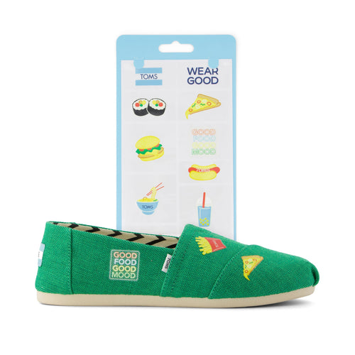 toms shoe tattoos late night snack print shown on green alpargata detail shot