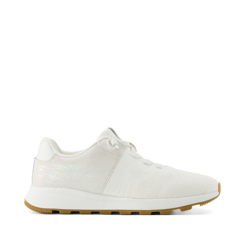 TRVL LITE Cabrillo Sneaker - Water Repellent White Textured Jacquard and Iridescent Suede Side View