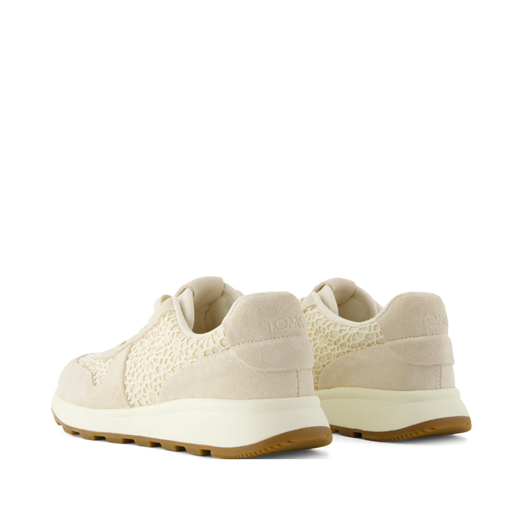 TRVL LITE Retro Runner Sneaker - Water Repellent Light Sand Suede and Moroccan Crochet Back View