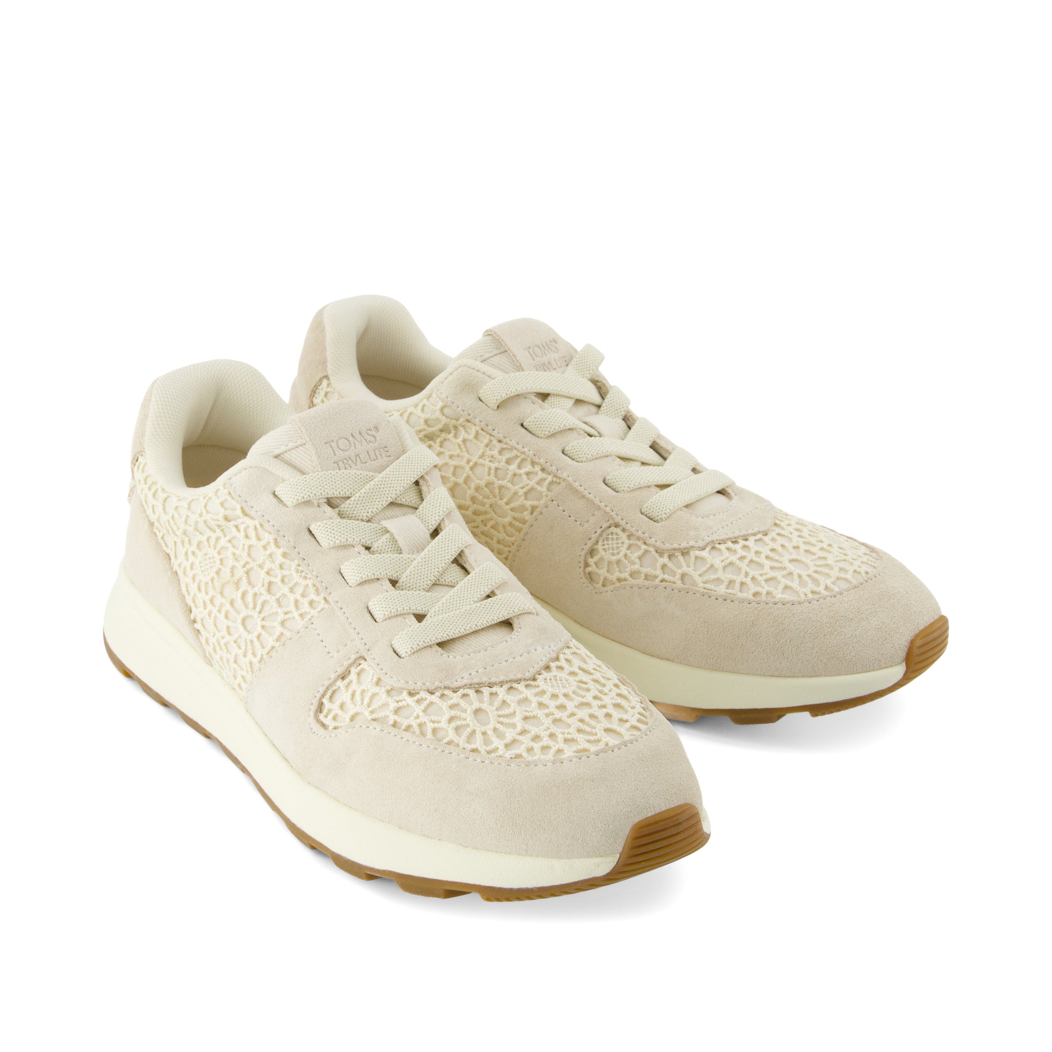 TRVL LITE Retro Runner Sneaker - Water Repellent Light Sand Suede and Moroccan Crochet Front View