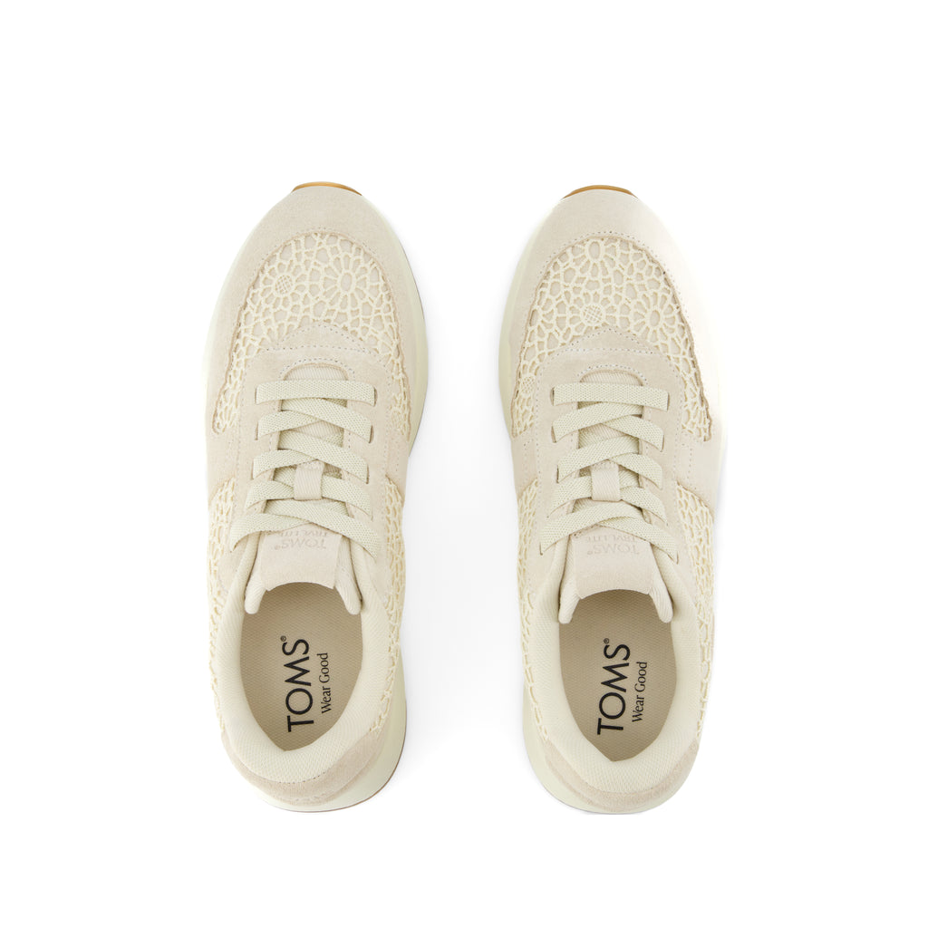 TRVL LITE Retro Runner Sneaker - Water Repellent Light Sand Suede and Moroccan Crochet Top View
